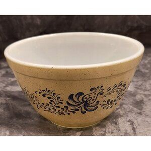 Bowl - Vintage Pyrex Stoneware With Blue Floral Design Beige Speckled